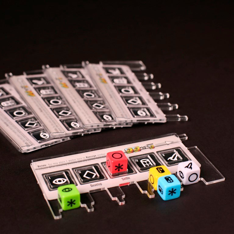 Laserox Inserts for Roll for the Galaxy, presenting a fully loaded insert with game items