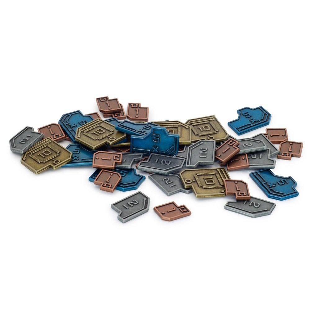 Scattered multi-colored metallic game tokens, featuring numbers (1, 2, 5, 10) and multiplier 'X' symbols
