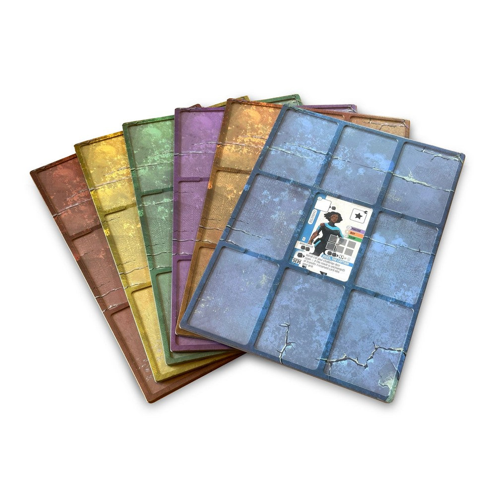 Six fanned-out, textured, rainbow-colored game board tiles, with a character card on the front blue tile