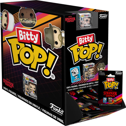 Black Funko Bitty Pop! Stranger Things display case with mini vinyl figures: Demogorgon, Eleven with waffles, and a blind box