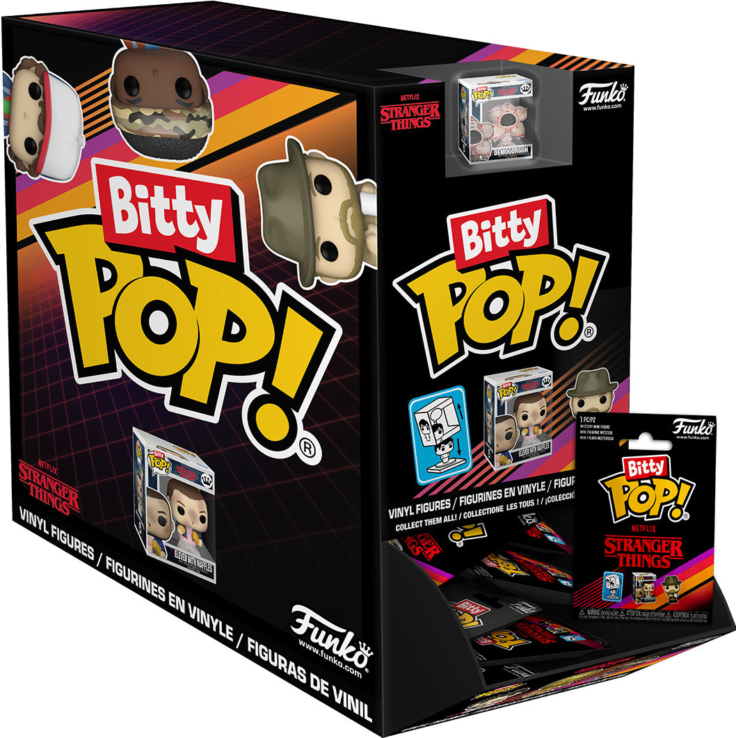 Black Funko Bitty Pop! Stranger Things display case with mini vinyl figures: Demogorgon, Eleven with waffles, and a blind box