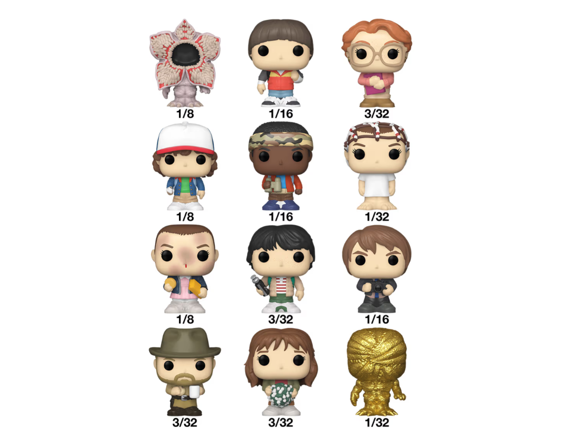 A grid of 12 Stranger Things Funko Pop! vinyl figures, featuring Demogorgon, Eleven, Mike, Dustin, Lucas, Hopper, and other main characters with rarity indications