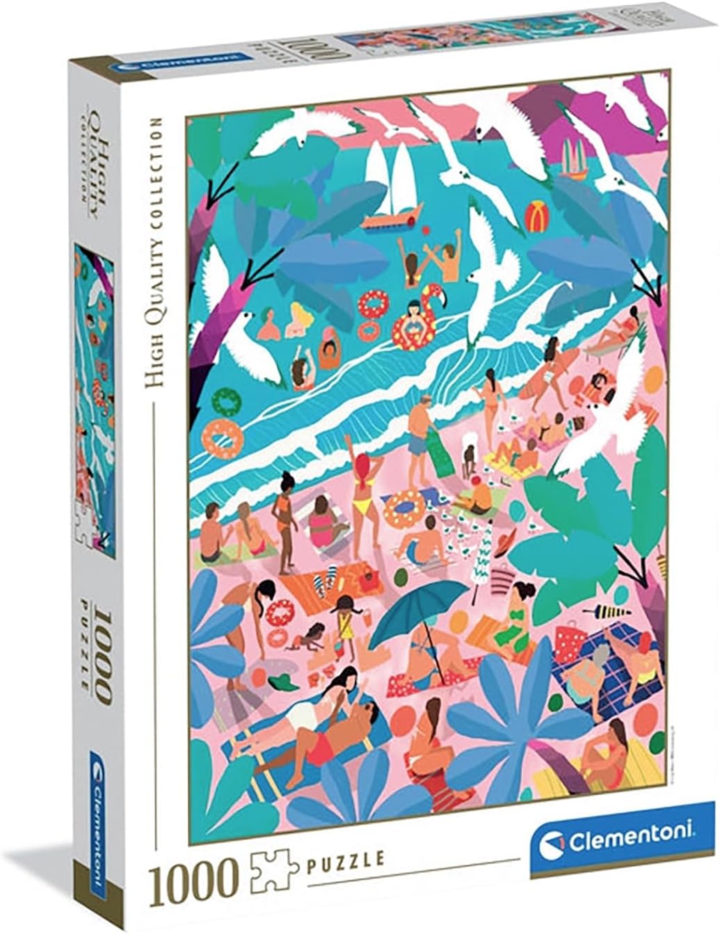 Clementoni High Quality Collection 1000-piece puzzle box displaying a colorful, crowded beach illustration with people, palm trees, and seagulls