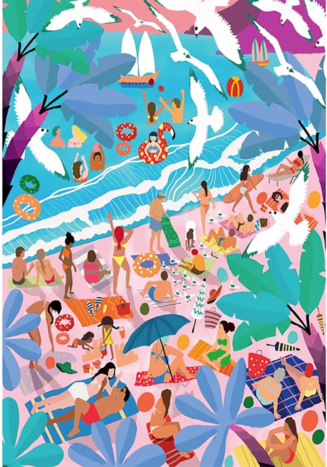 Colorful, overhead illustration of a bustling beach scene with people swimming, sunbathing, and playing among palm trees and gulls
