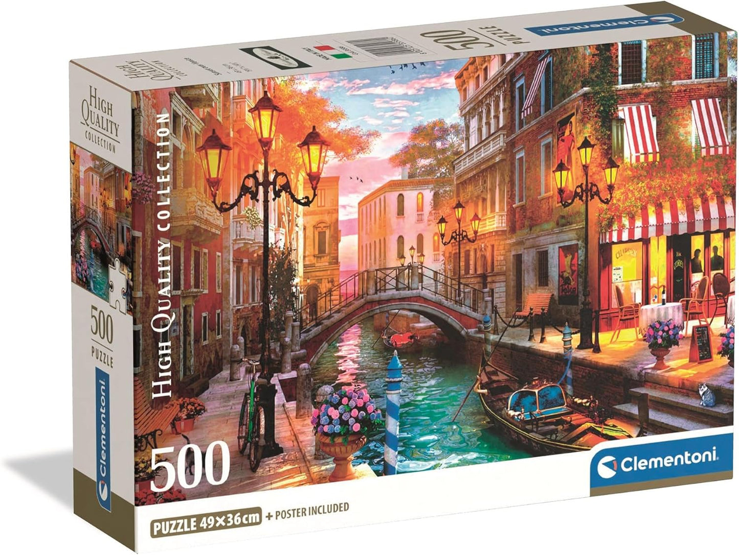 Clementoni High Quality Collection 500-piece puzzle box showing a vibrant Venice canal scene with a gondola, arched bridge, and glowing lamps at sunset