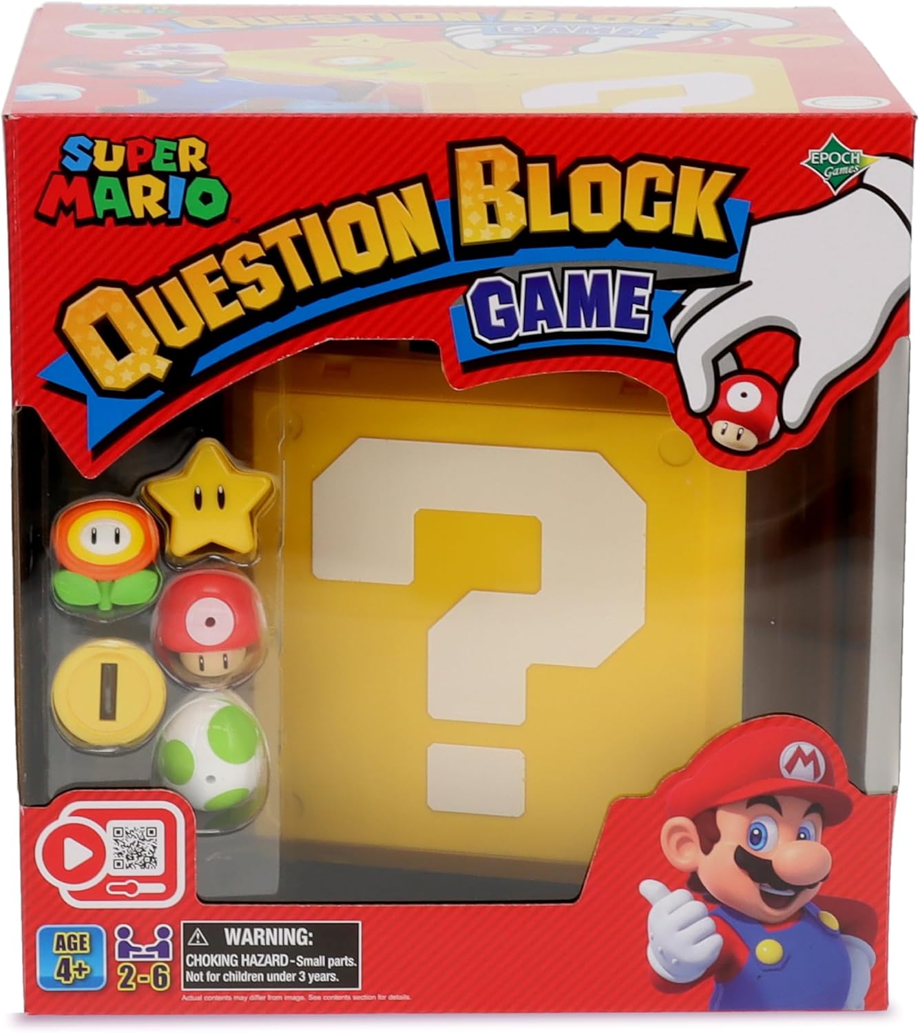 Super Mario Question Block Game box featuring the yellow question block and power-up tokens