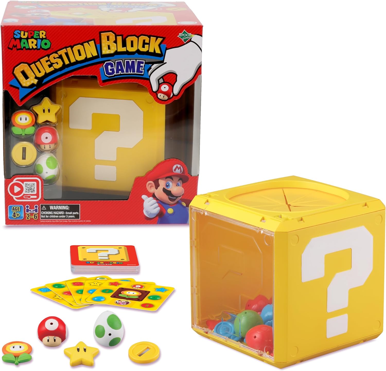 Super Mario Question Block Game set, including the large yellow block container, cards, and collectible character tokens