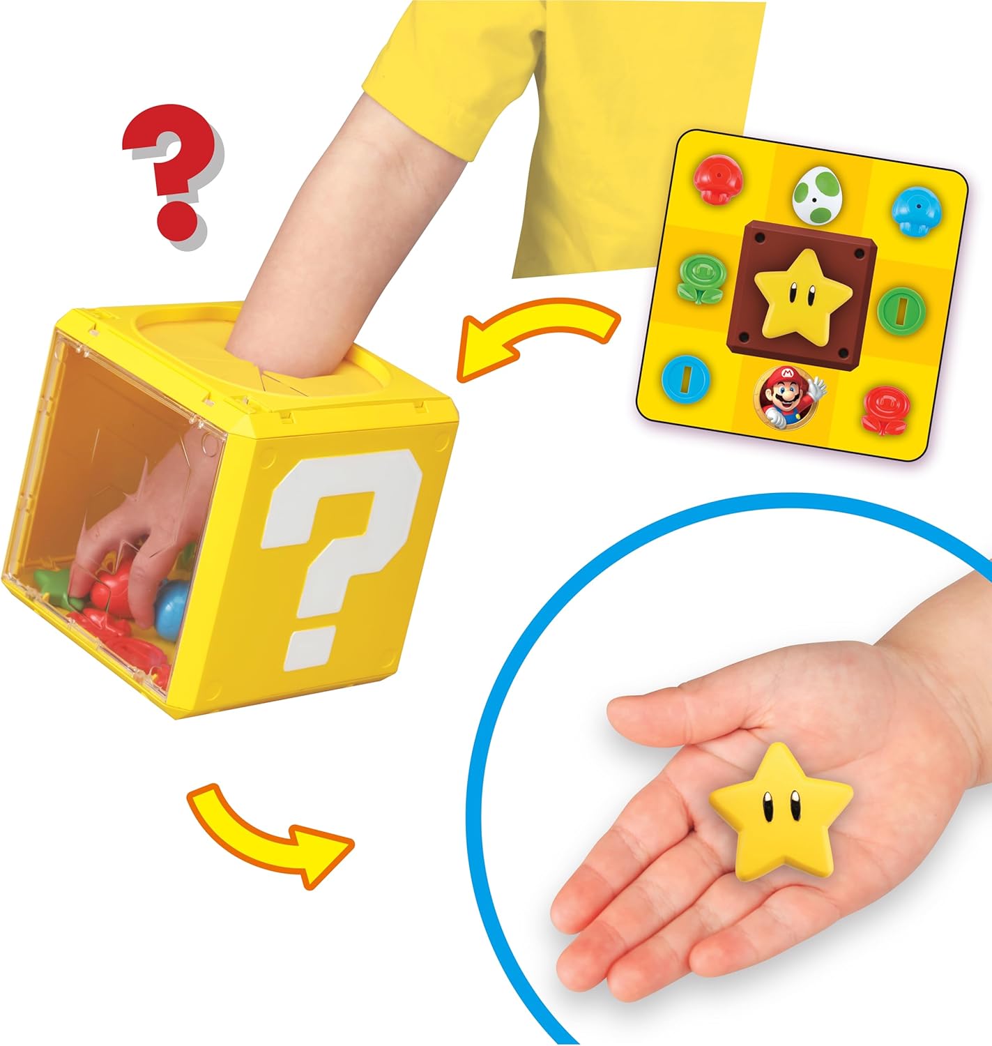 Hand reaching into a yellow Super Mario Question Block to retrieve a Power Star toy, shown with a display board