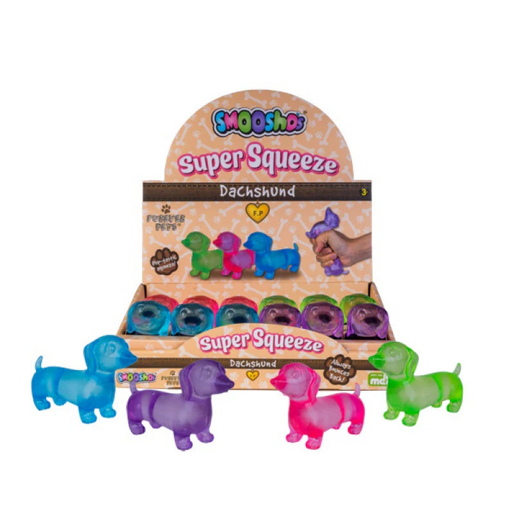 Colorful, translucent Smoosho's Super Squeeze Dachshund toys in a display box, with four matching ones standing