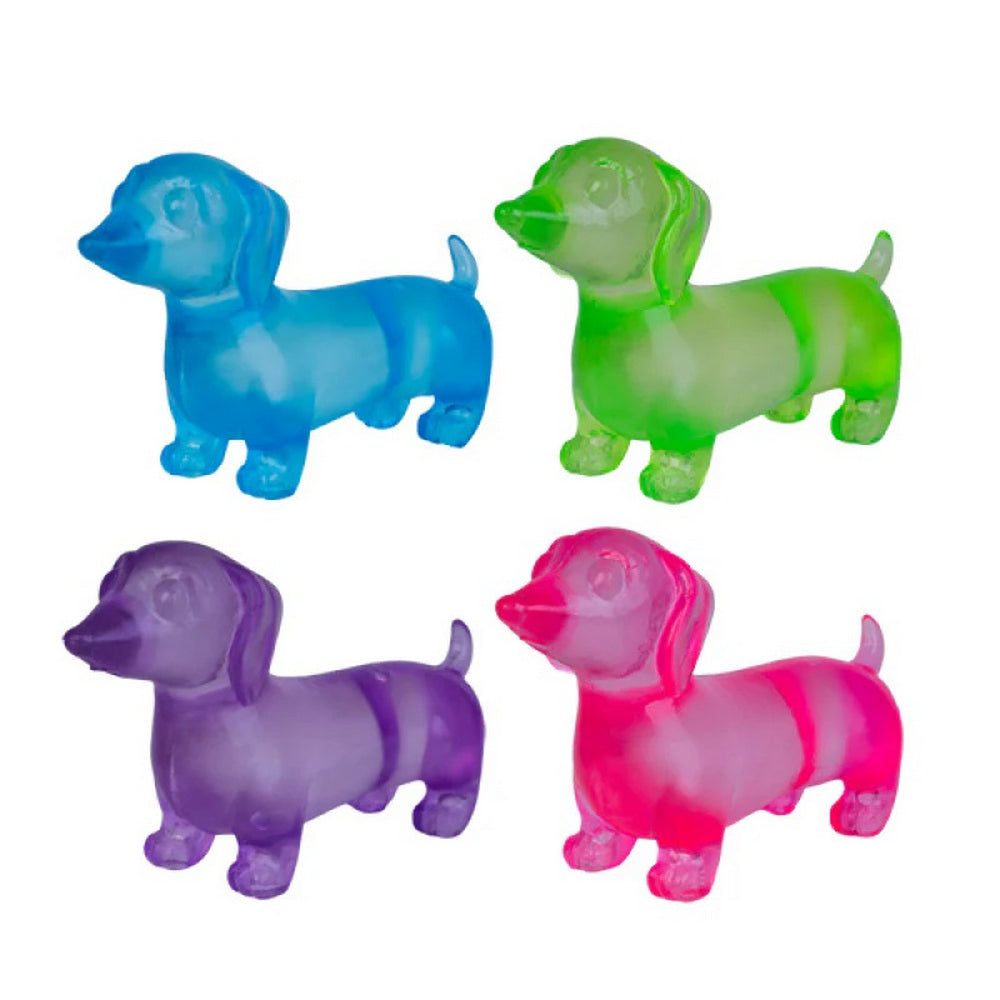 Four translucent dachshund toys in blue, green, purple, and pink, each with lighter horizontal stripes