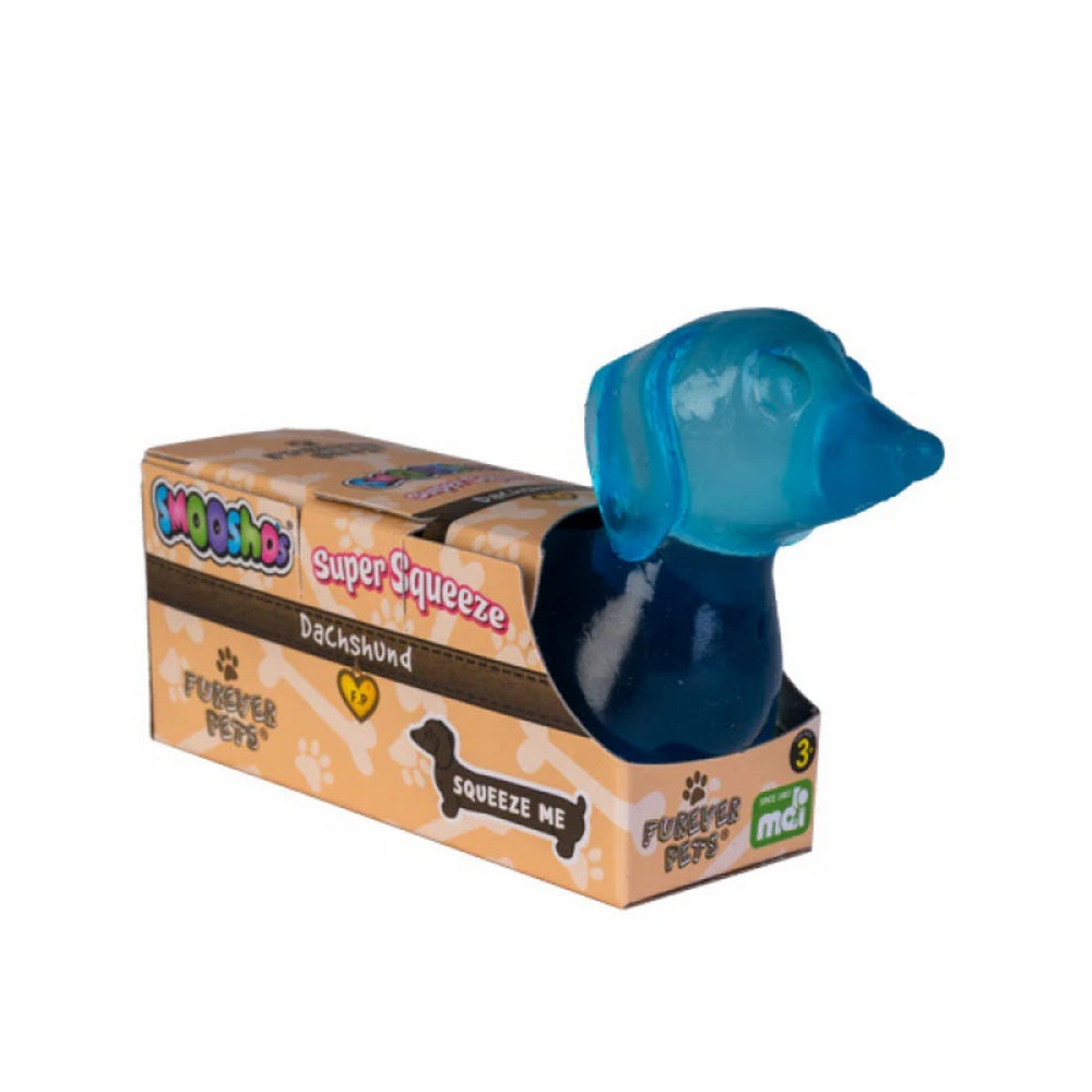 Blue Smooshos Super Squeeze Dachshund toy in its box, with the dog's head peeking out