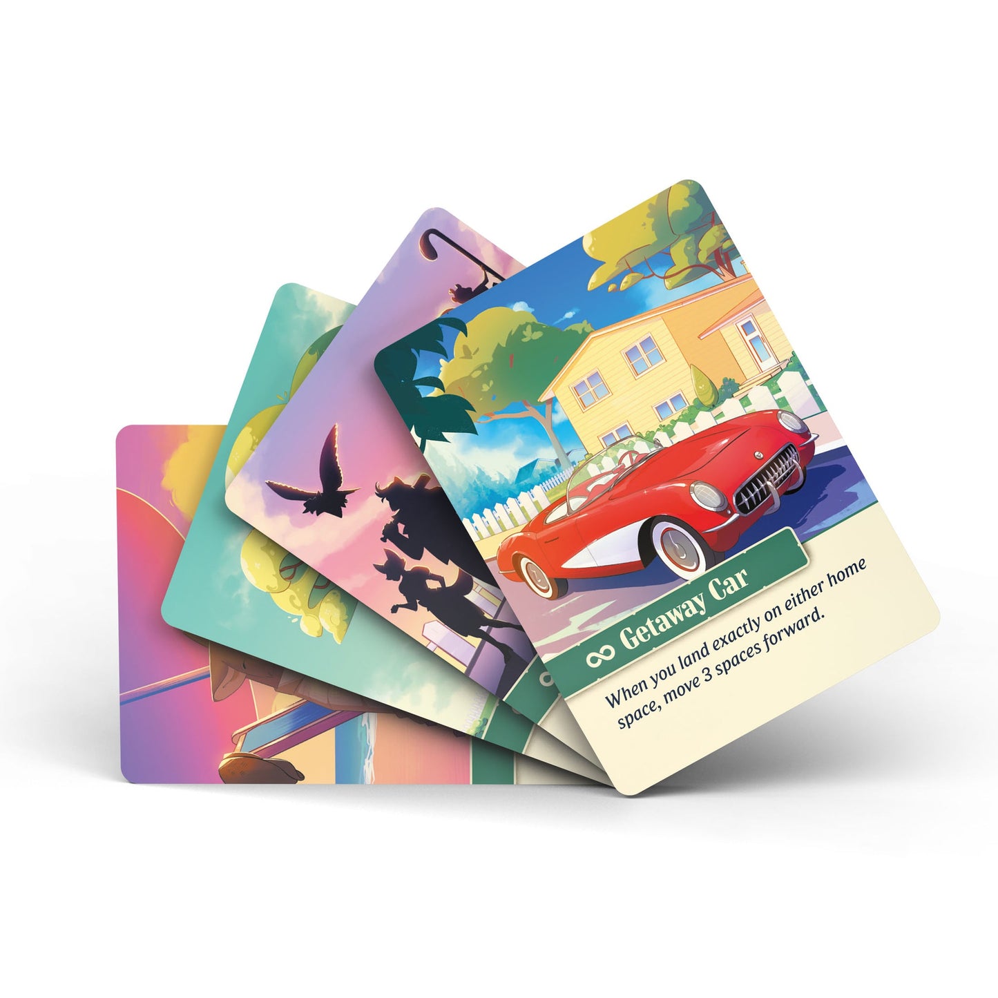 Illustrated game cards fanned out: The top card features a red convertible "Getaway Car" parked outside a suburban house with a white fence
