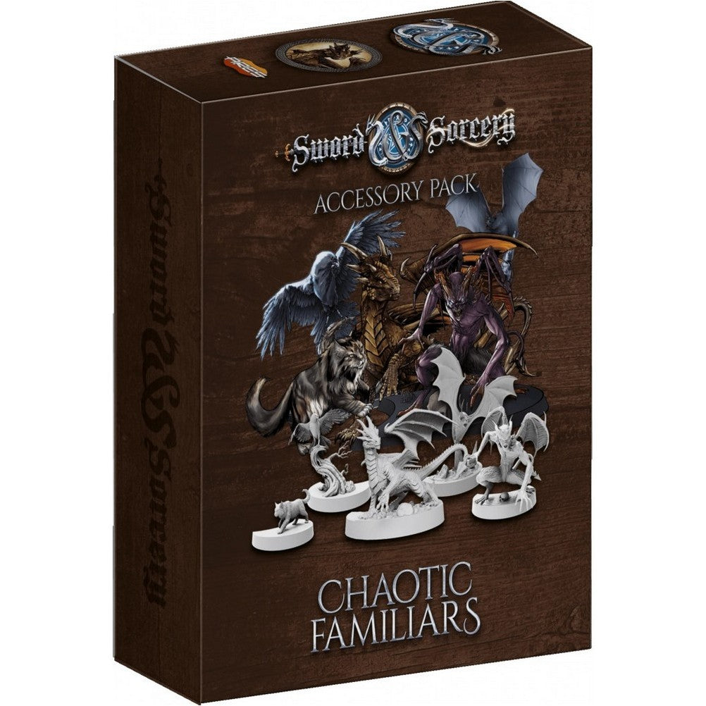 Sword & Sorcery: Chaotic Familiars Accessory Pack box showing fantasy creature art and unpainted miniatures