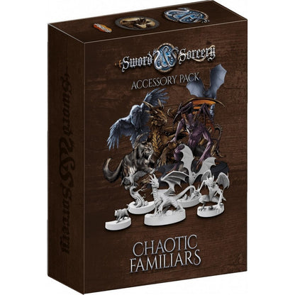 Sword & Sorcery: Chaotic Familiars Accessory Pack box showing fantasy creature art and unpainted miniatures