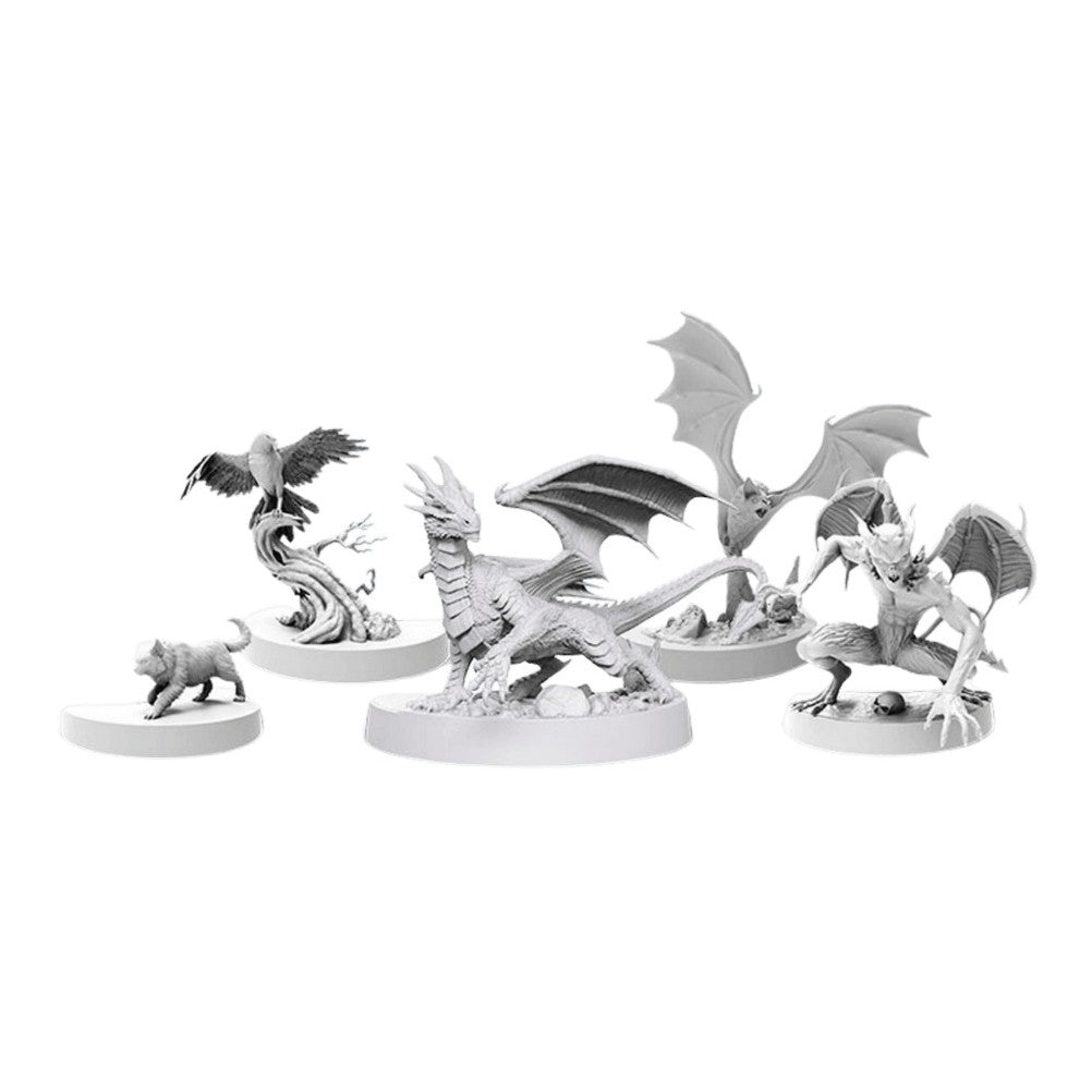 Five unpainted grey fantasy miniatures: dragon, raven, crouching gargoyle, flying bat-creature and small animal