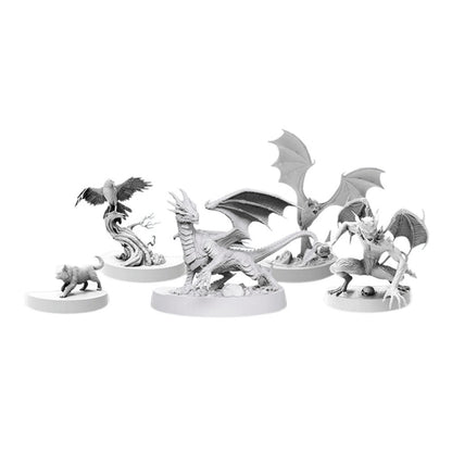 Five unpainted grey fantasy miniatures: dragon, raven, crouching gargoyle, flying bat-creature and small animal