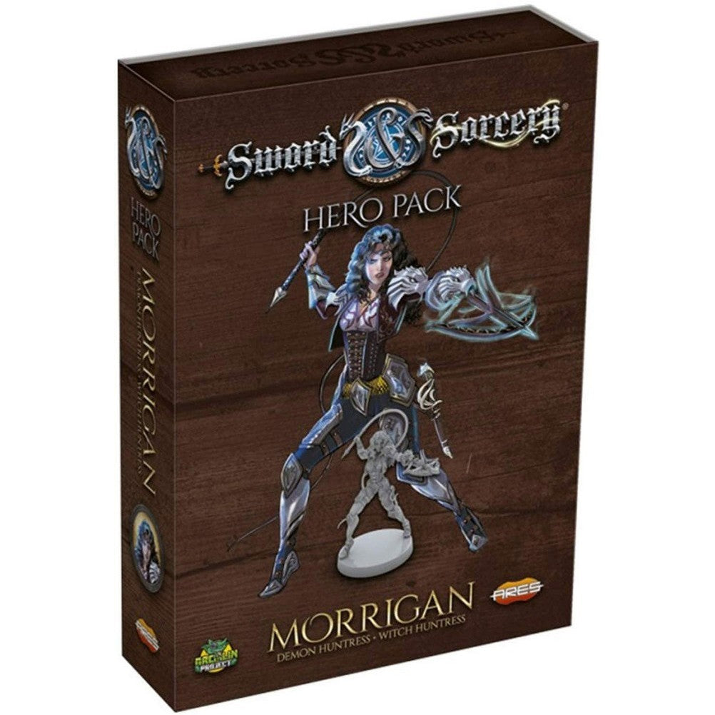Brown box for 'Sword & Sorcery: Hero Pack Morrigan' showing a female warrior with a spear and a miniature figure