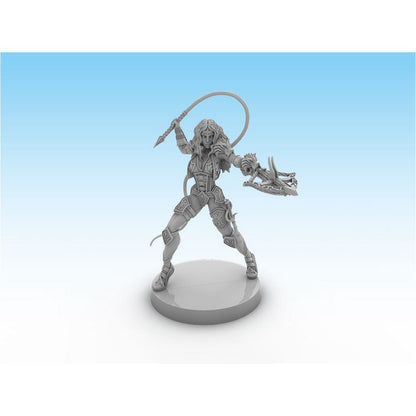 Unpainted grey fantasy miniature of an armored female warrior wielding a whip and an arm-mounted weapon
