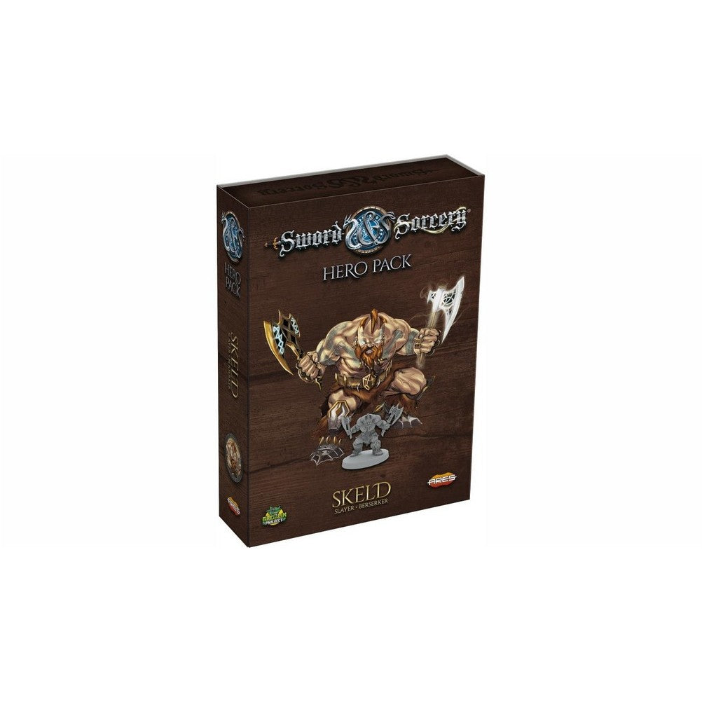 A Sword & Sorcery: Hero Pack box with a muscular, axe-wielding barbarian illustration and unpainted miniature
