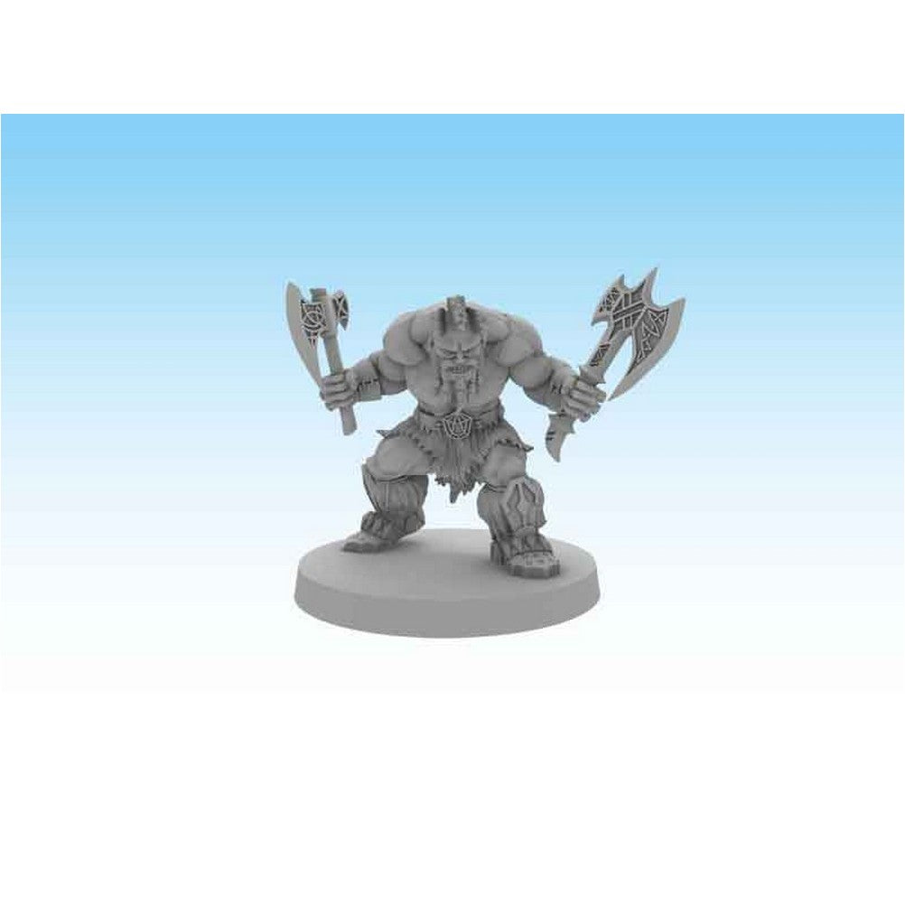 Grey miniature of a muscular orc, wielding two ornate axes, standing on a round base