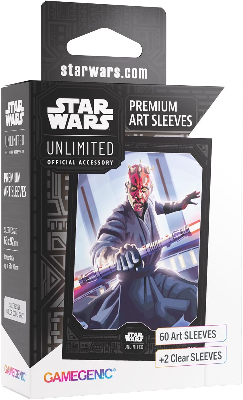 Star Wars Unlimited Premium Art Sleeves box featuring Darth Maul wielding his red double-bladed lightsaber