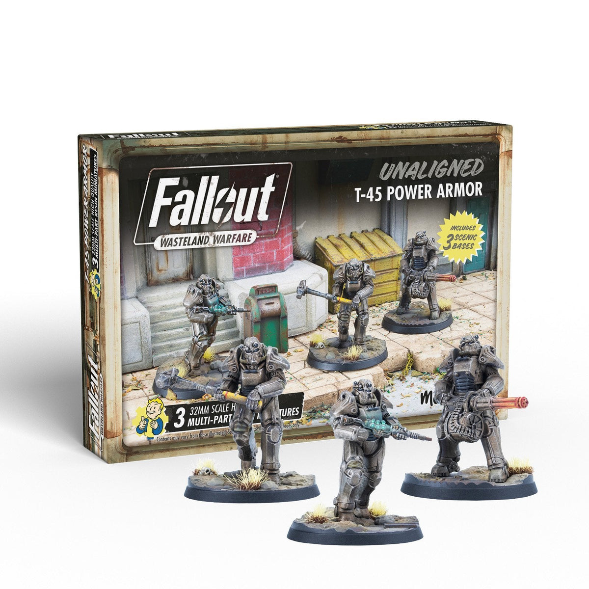 Five armed figures in grey power armor stand on scenic wasteland bases