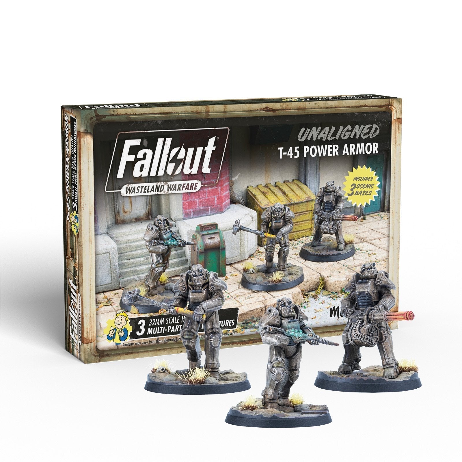 Five armed figures in grey power armor stand on scenic wasteland bases