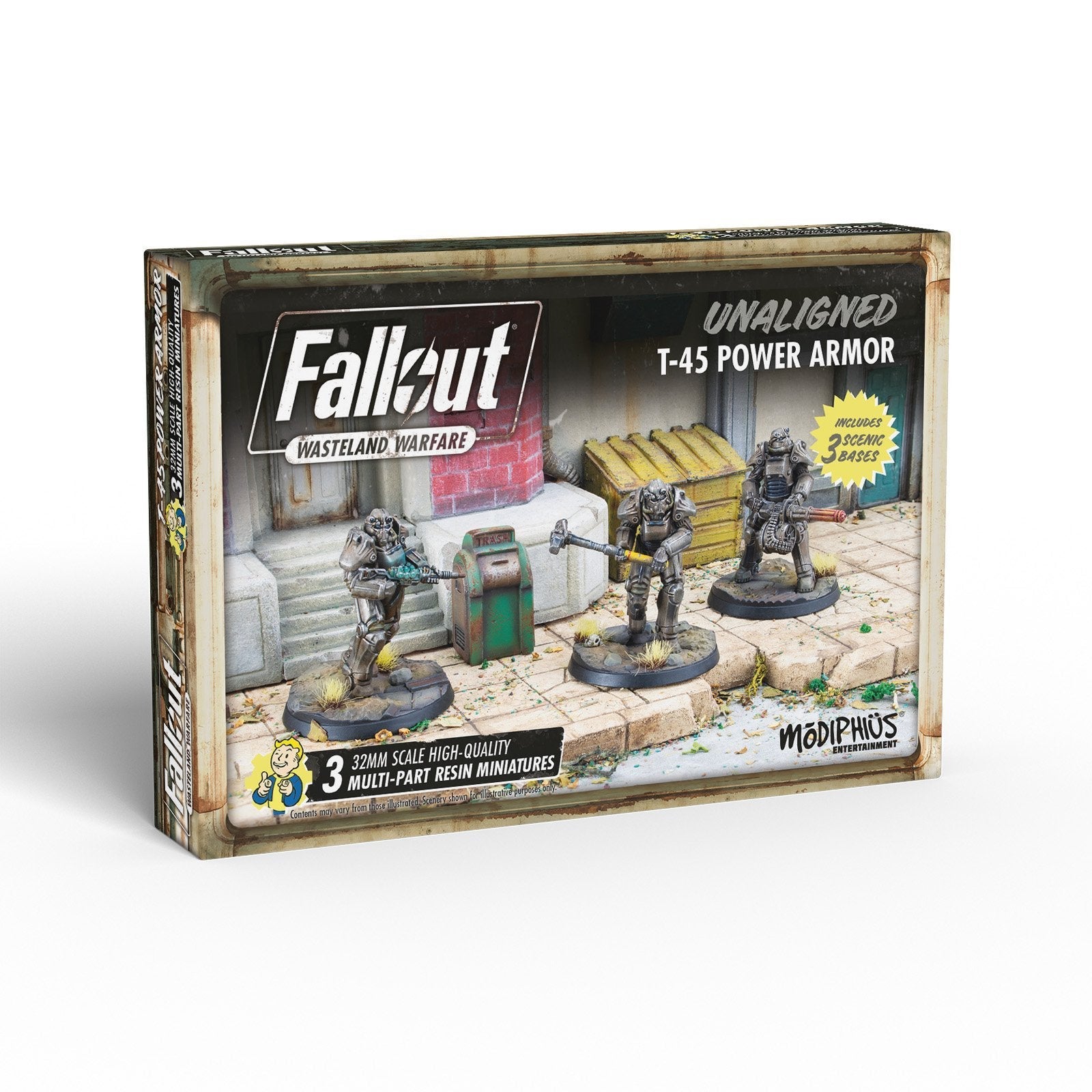 Fallout: Wasteland Warfare T-45 Power Armor miniatures box, displaying three detailed resin figures armed with various weapons