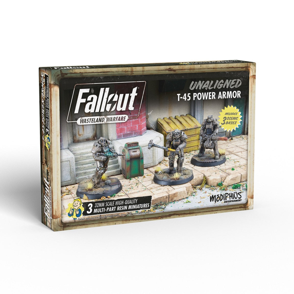 Fallout: Wasteland Warfare T-45 Power Armor miniatures box, displaying three detailed resin figures armed with various weapons