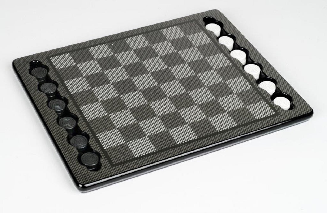Gray and black checkerboard game set with checkers stored in side trays