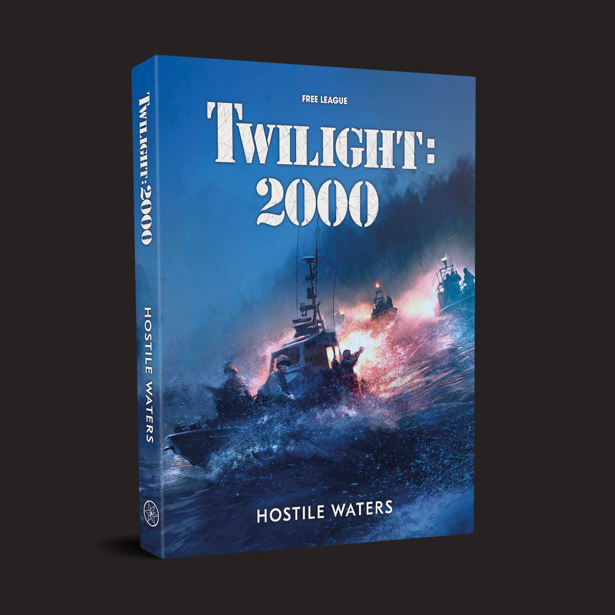 Twilight: 2000 Hostile Waters book cover. Military boats engage in a chaotic night battle on rough seas