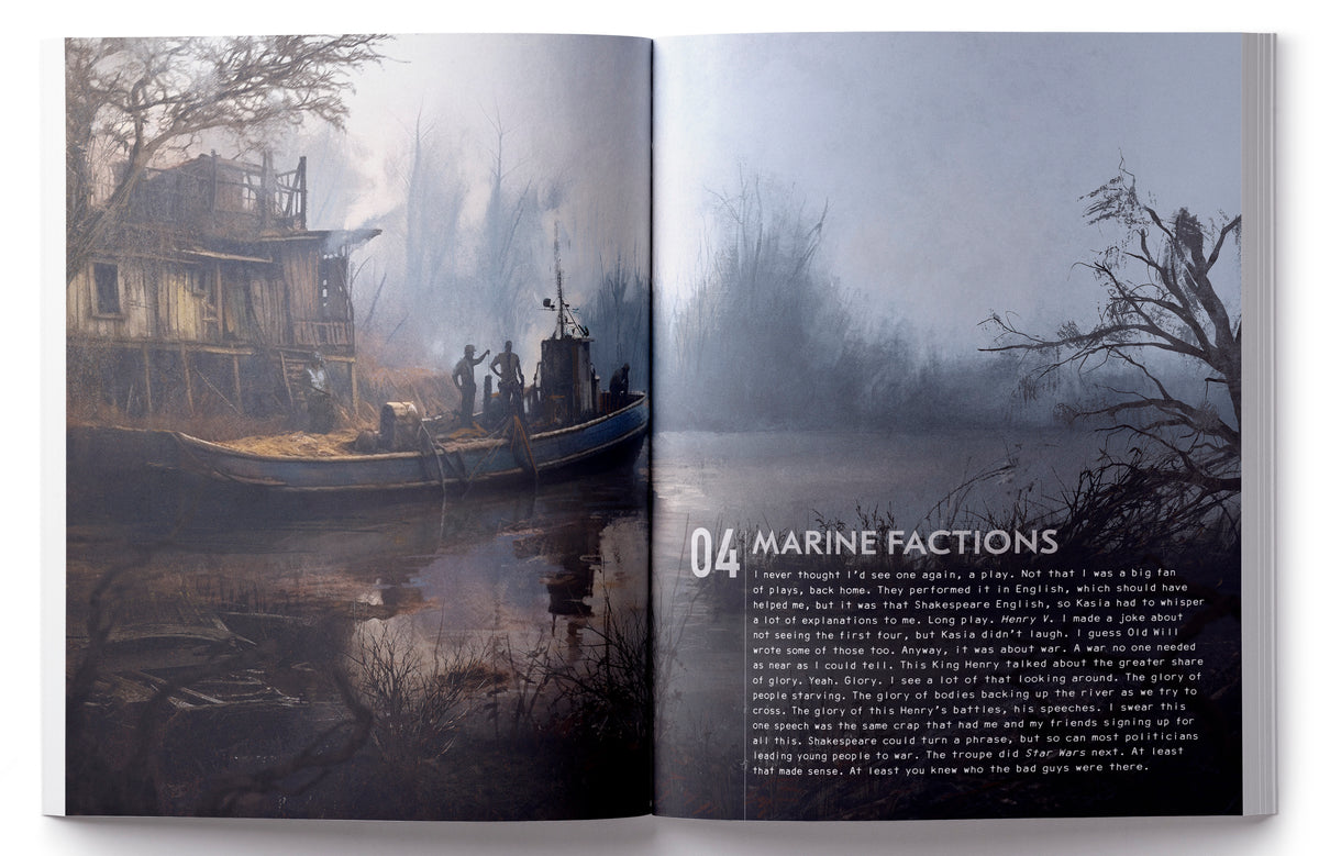 A book spread showing a painting of a boat with people on a misty river next to a dilapidated shack Title: &#39;MARINE FACTIONS&#39;