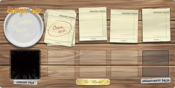 Burger Up tabletop game pieces on wooden surface