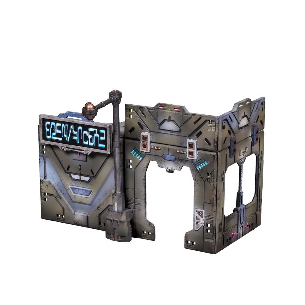 A weathered sci-fi miniature structure with a glowing digital sign and an open archway