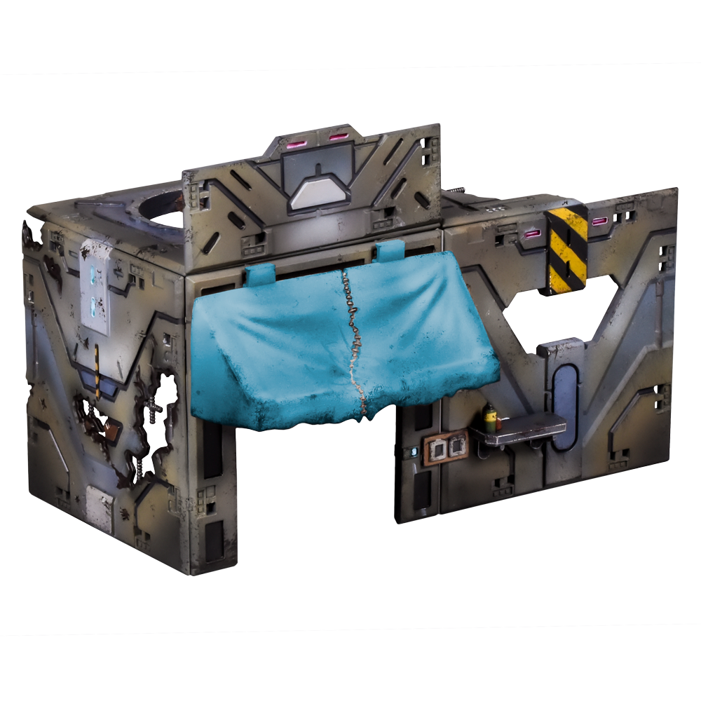 A worn, modular sci-fi structure with a tattered blue tarp covering an opening, detailed with caution stripes