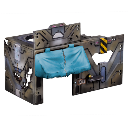A worn, modular sci-fi structure with a tattered blue tarp covering an opening, detailed with caution stripes