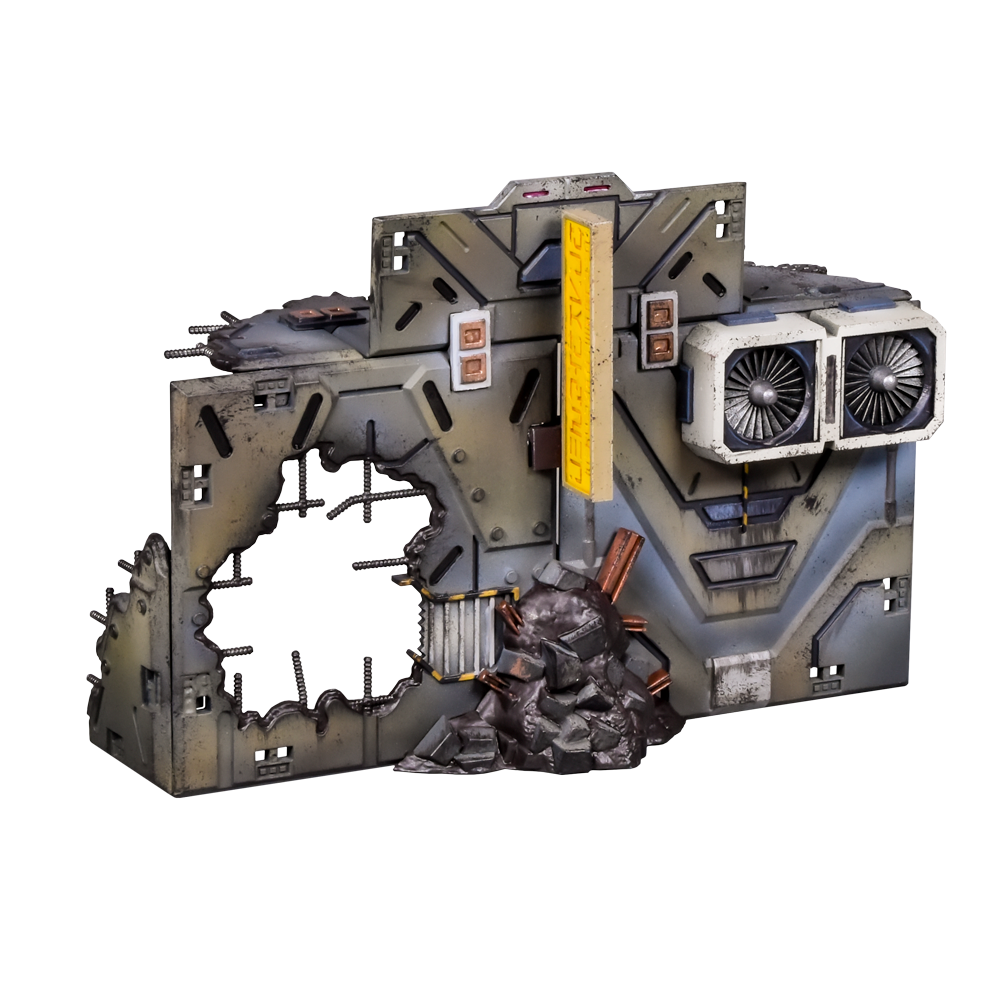 A battle-damaged sci-fi wall terrain, grey, with a large hole, exposed rebar, rubble, industrial vents, and a yellow sign
