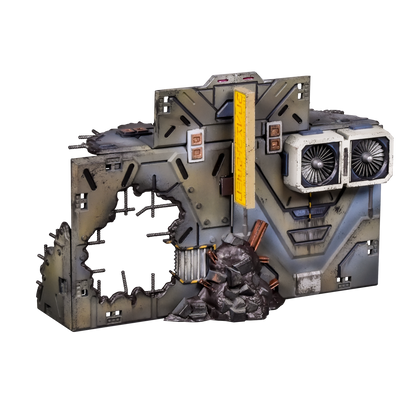 A battle-damaged sci-fi wall terrain, grey, with a large hole, exposed rebar, rubble, industrial vents, and a yellow sign