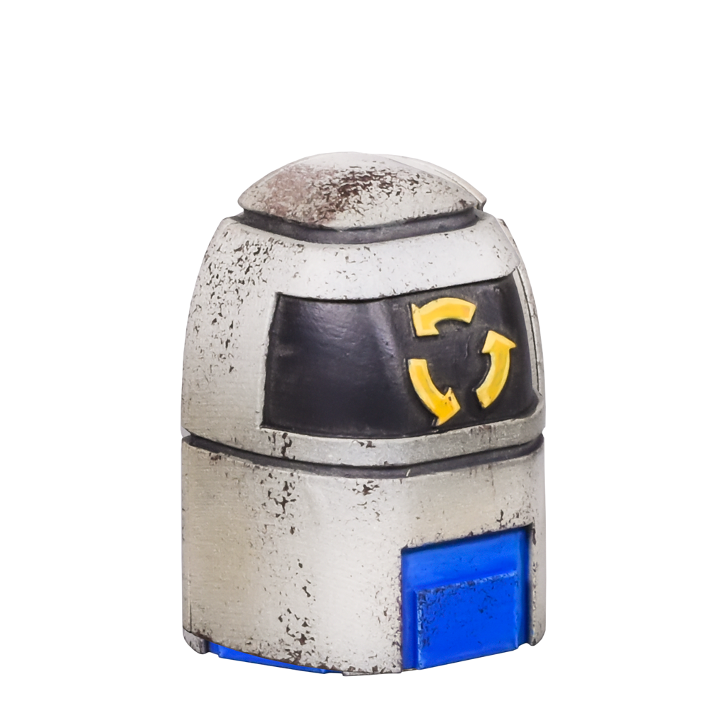 Weathered gray recycling bin with a yellow recycling symbol and a blue opening