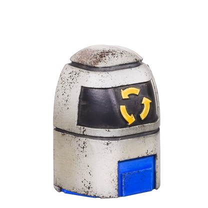 Weathered gray recycling bin with a yellow recycling symbol and a blue opening