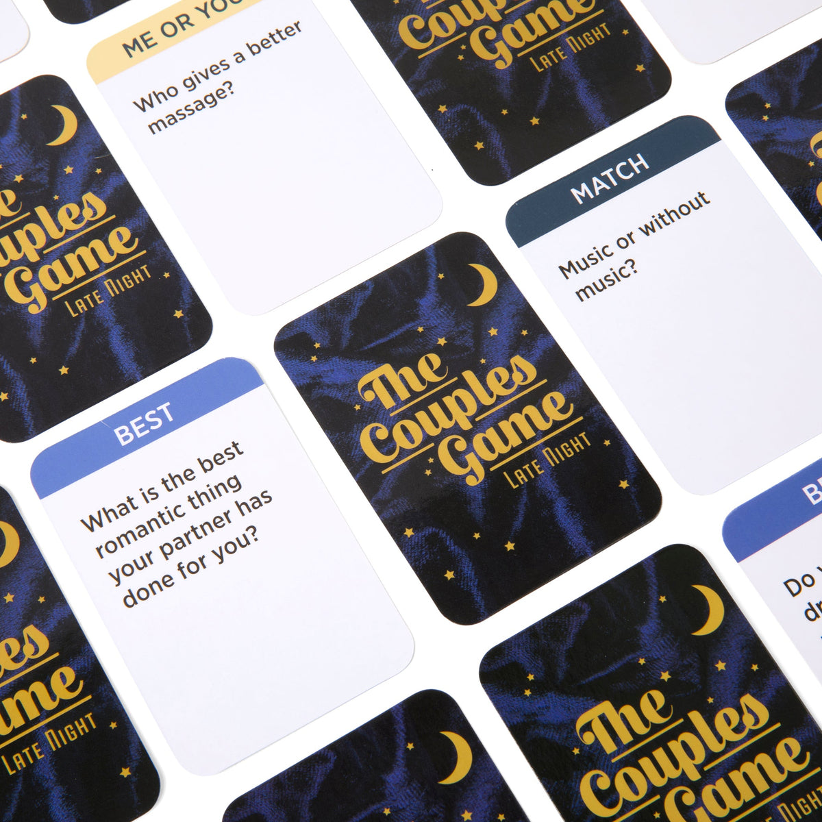 Neatly arranged cards from The Couples Game Late Night