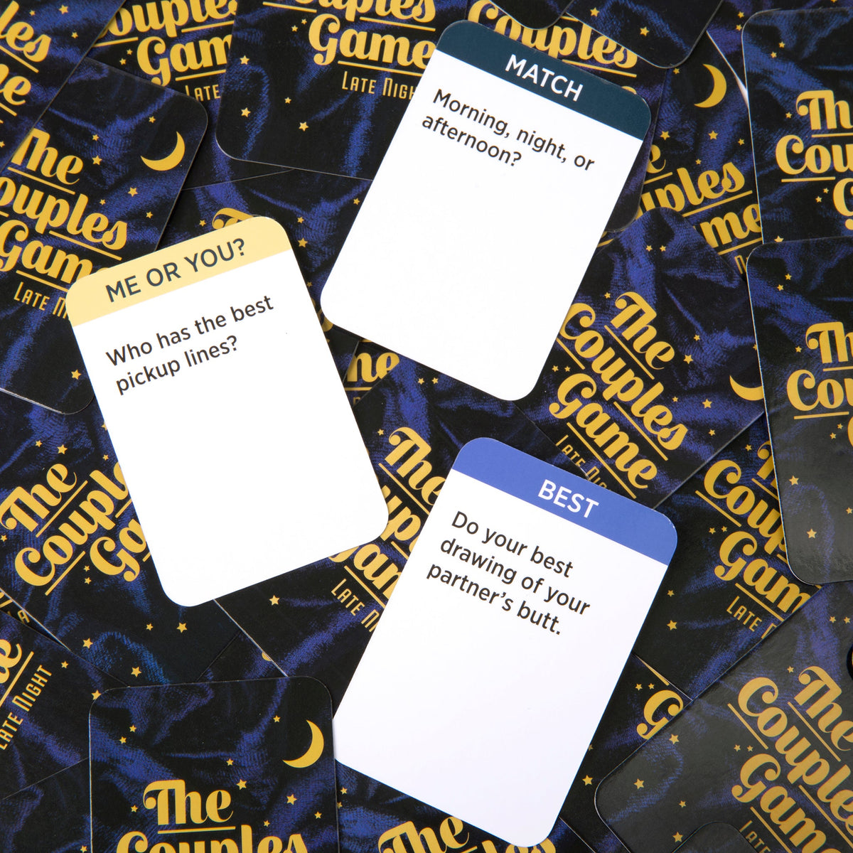 Spread-out cards from The Couples Game Late Night edition