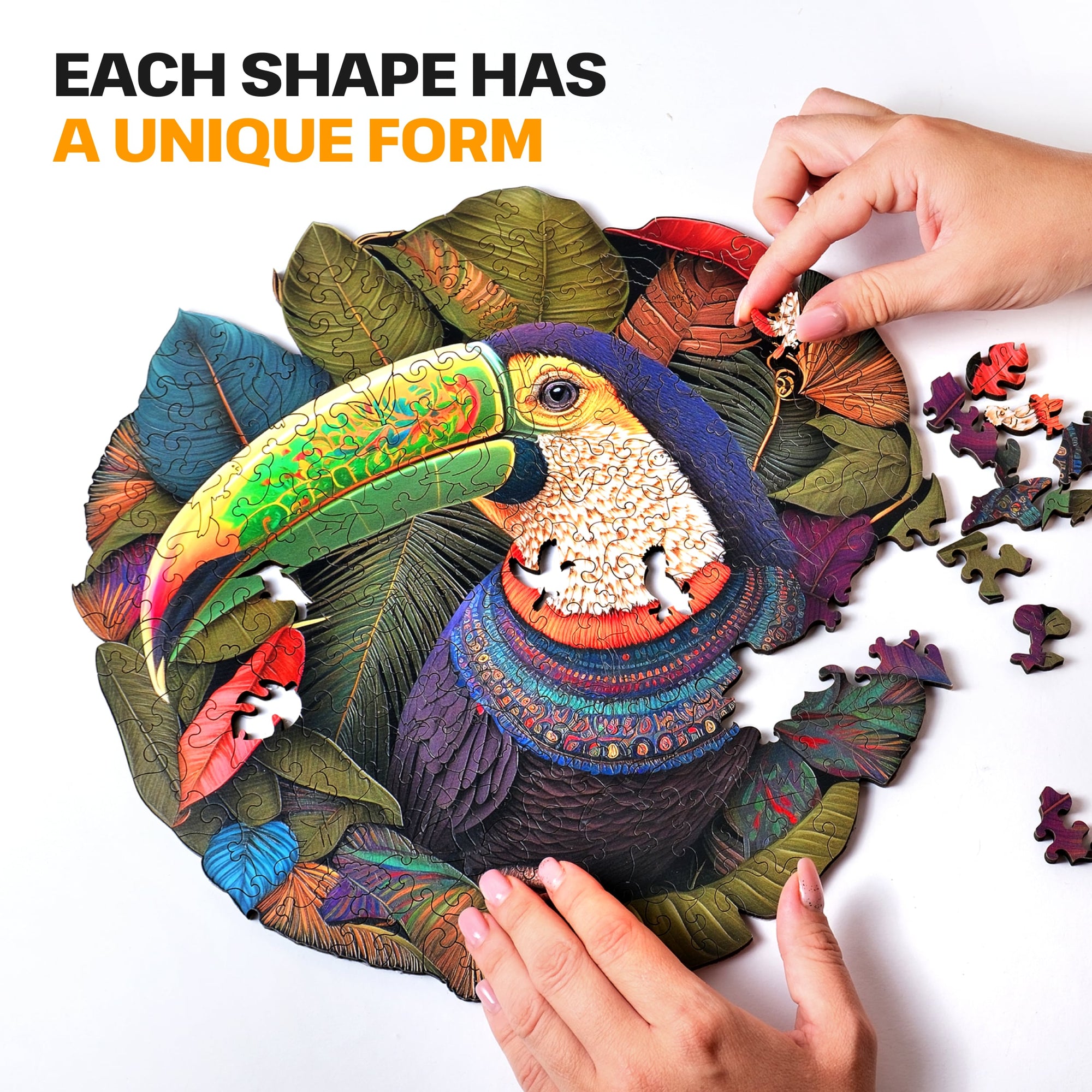 Front view of the completed wooden toucan jigsaw puzzle by Escape Welt, displaying vibrant colors and detailed craftsmanship