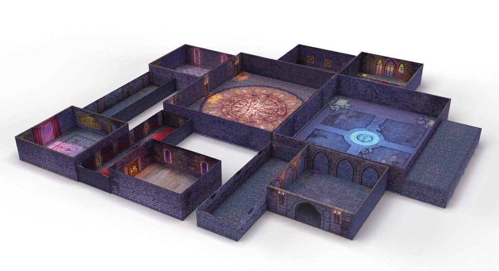 Modular Tenfold Dungeon: The Castle modular RPG terrain set showing stone rooms with a magic circle, an altar, and hallways