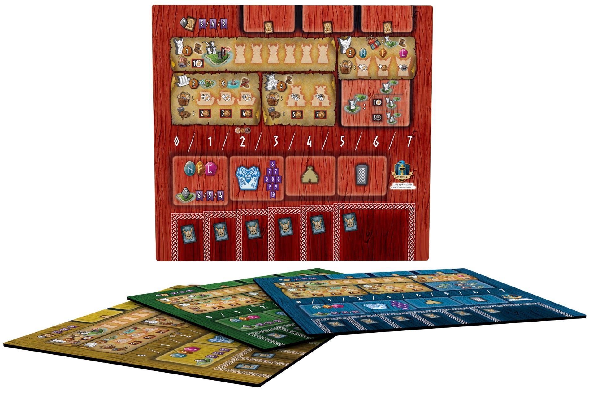 Tiny Epic Vikings Clan Mats 4-pack laid out