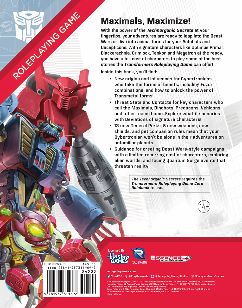 Cover of the Transformers RPG &#39;Maximals, Maximize!&#39; showing Optimus Primal, Cheetor, and Blackarachnia