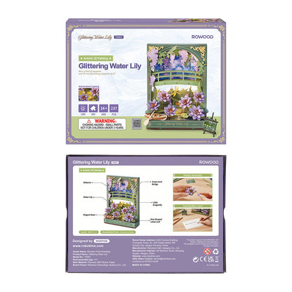 3D DIY wooden model kit box for "Glittering Water Lily," depicting a miniature garden scene with a bridge and lights