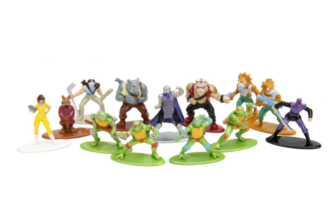 Teenage Mutant Ninja Turtles collectible figures: The four turtles, April O'Neil, Splinter, Shredder, Bebop, Rocksteady, Casey Jones, Foot Soldier, and Triceratons