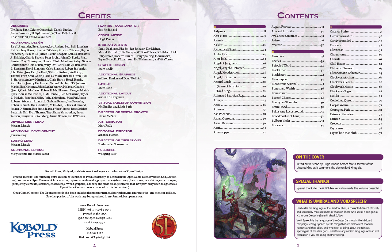 A two-page spread from the Kobold Press Tome of Beasts-II Pocket Edition Sourcebook, showing credits on the left and a table of contents with a fantasy battle illustration on the right