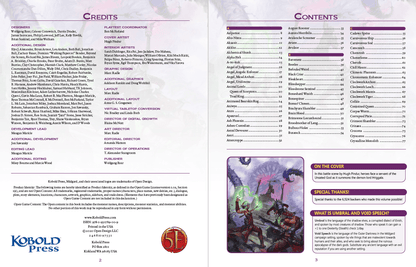 A two-page spread from the Kobold Press Tome of Beasts-II Pocket Edition Sourcebook, showing credits on the left and a table of contents with a fantasy battle illustration on the right